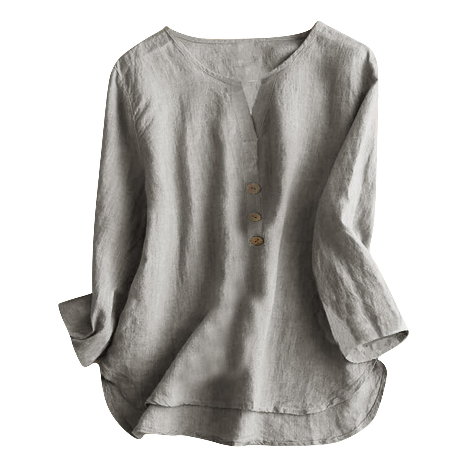 thumbnail image 5 of Camisa de mujer de color liso con cuello en V y botones: estilo informal y elegante, corte holgado, poliéster resistente, fácil de combinar., 5 of 6